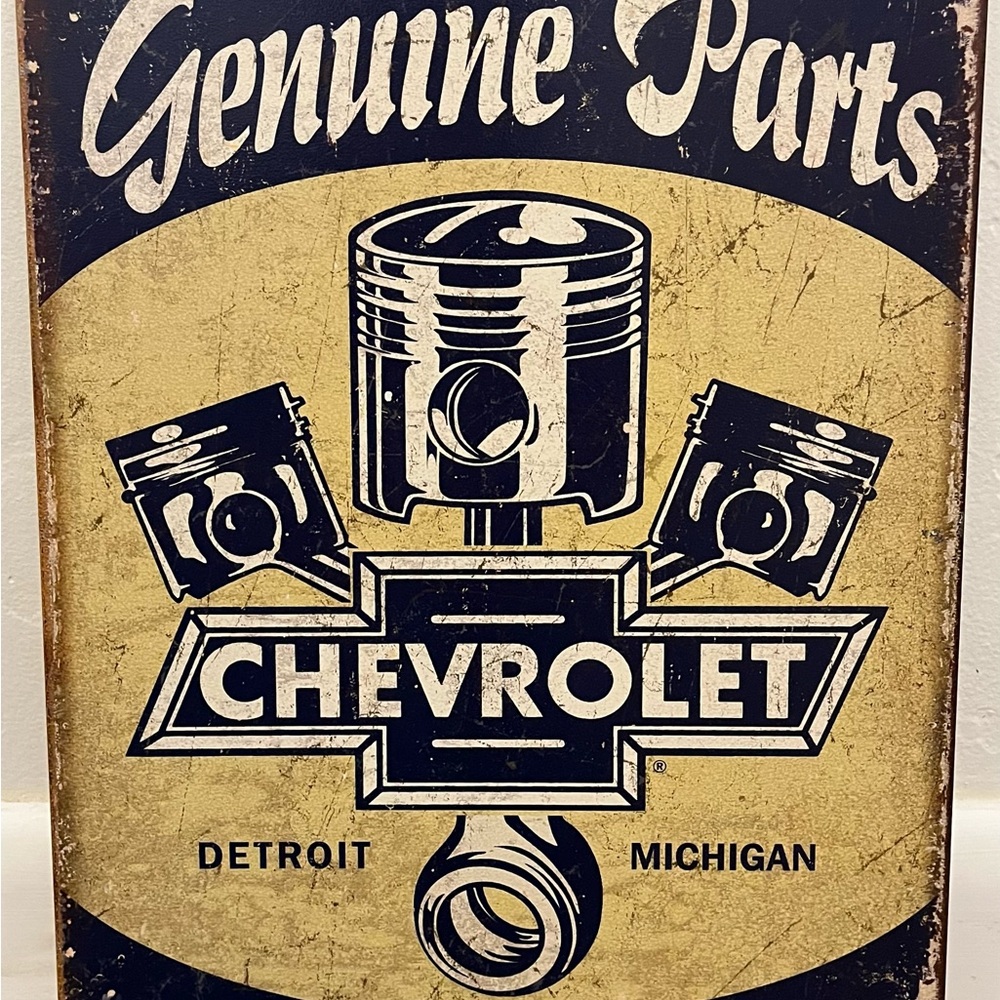 Chevrolet Vintage Art Print - Navy Blue and Gold Metal Sign